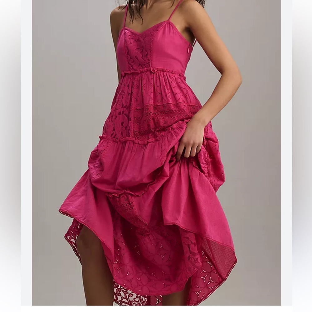 Anthropologie Fuchsia Lace-Panel Maxi Dress